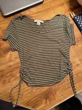 Adam Levine Collection Olive & White Striped Side-Tie Short Sleeve Crop